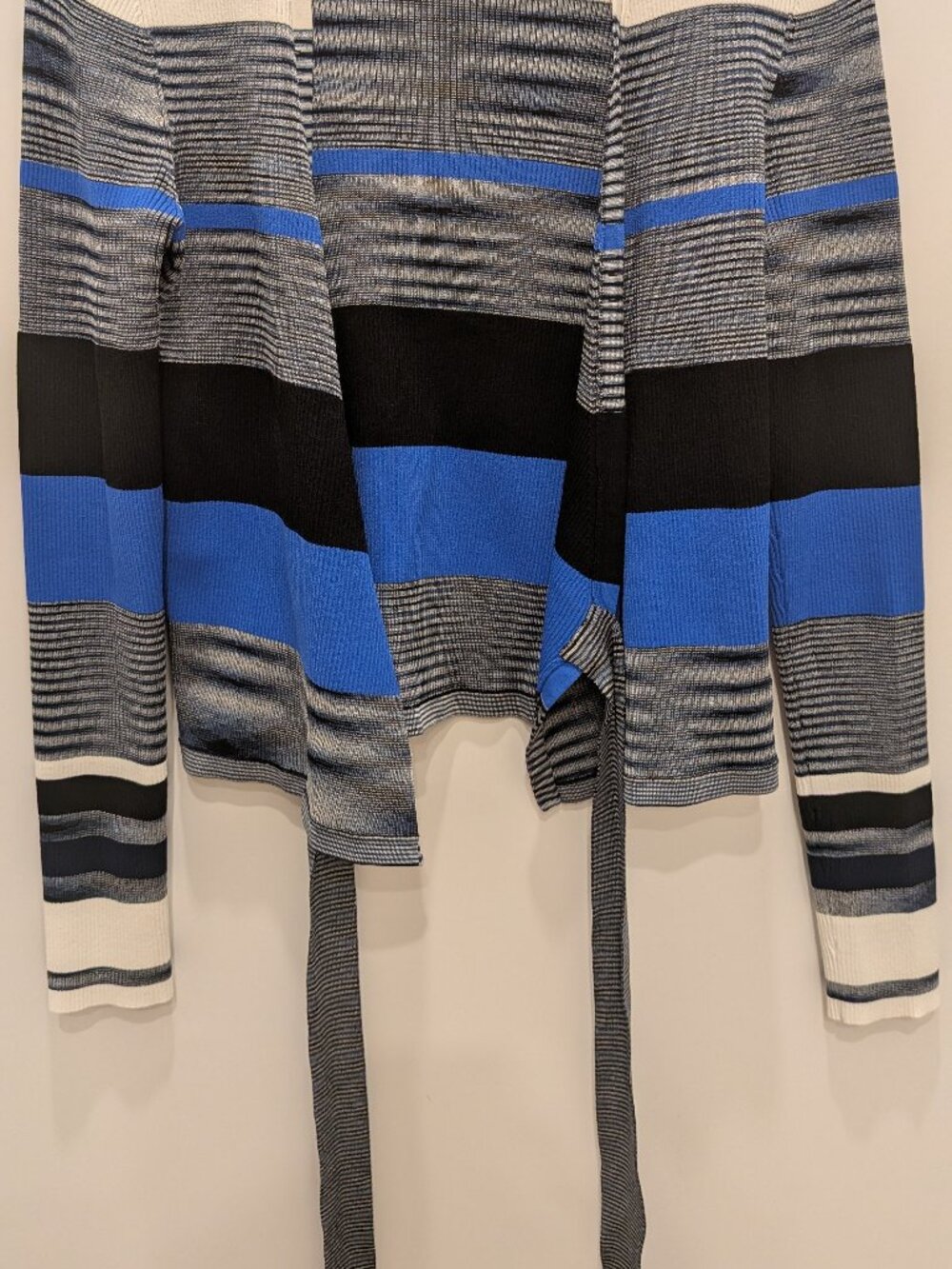 Diane von Furstenberg Cropped Wrap Sweater Striped Ribbed Knit Blue Black Ivory - Picture 2 of 6